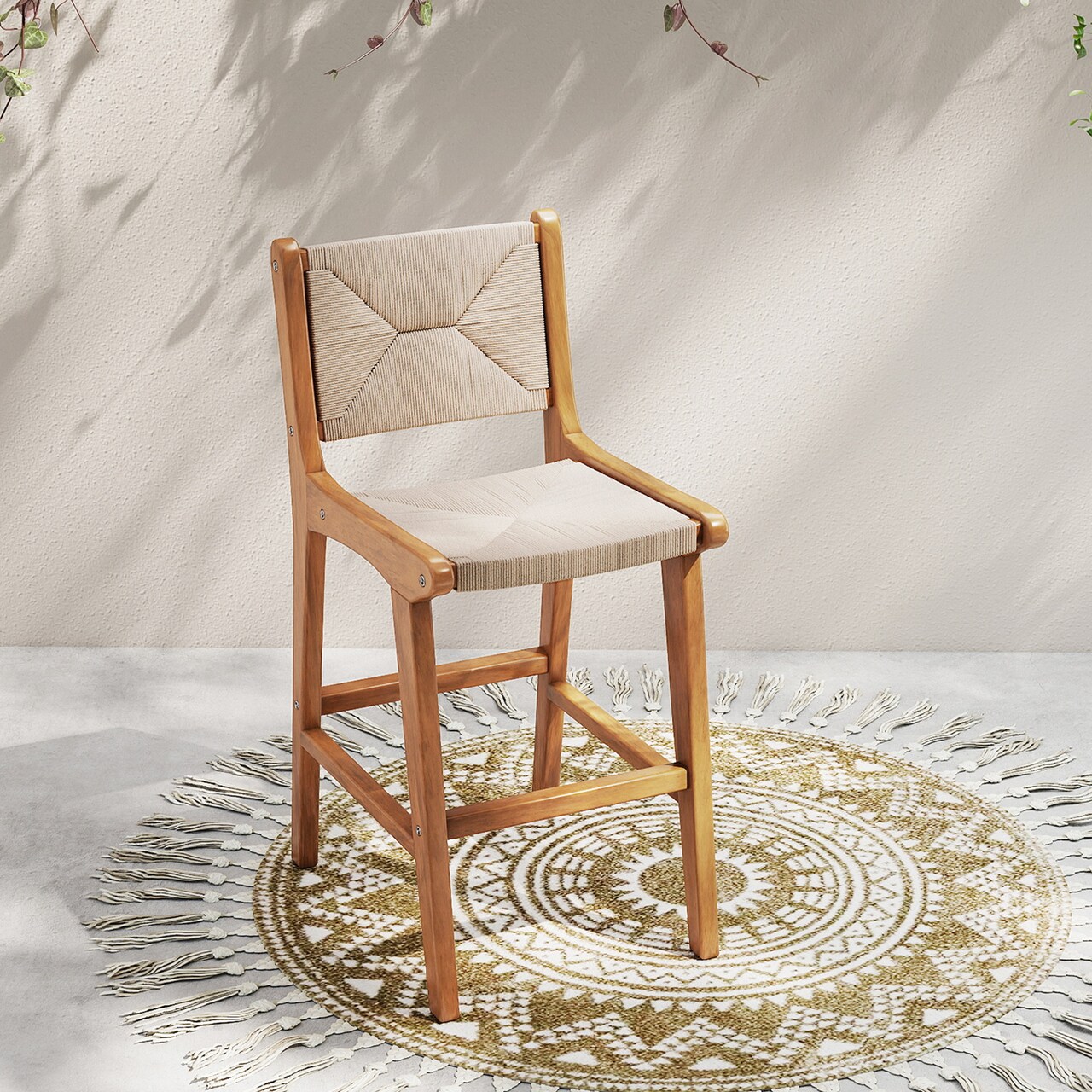 Teak Wood Outdoor Bar Stool Woven Rope Counter-Height Seat with Backrest, Ergonomic Footrest